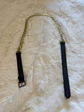 Gold Chain Black Leather Strap Belt - Women's Accessory
